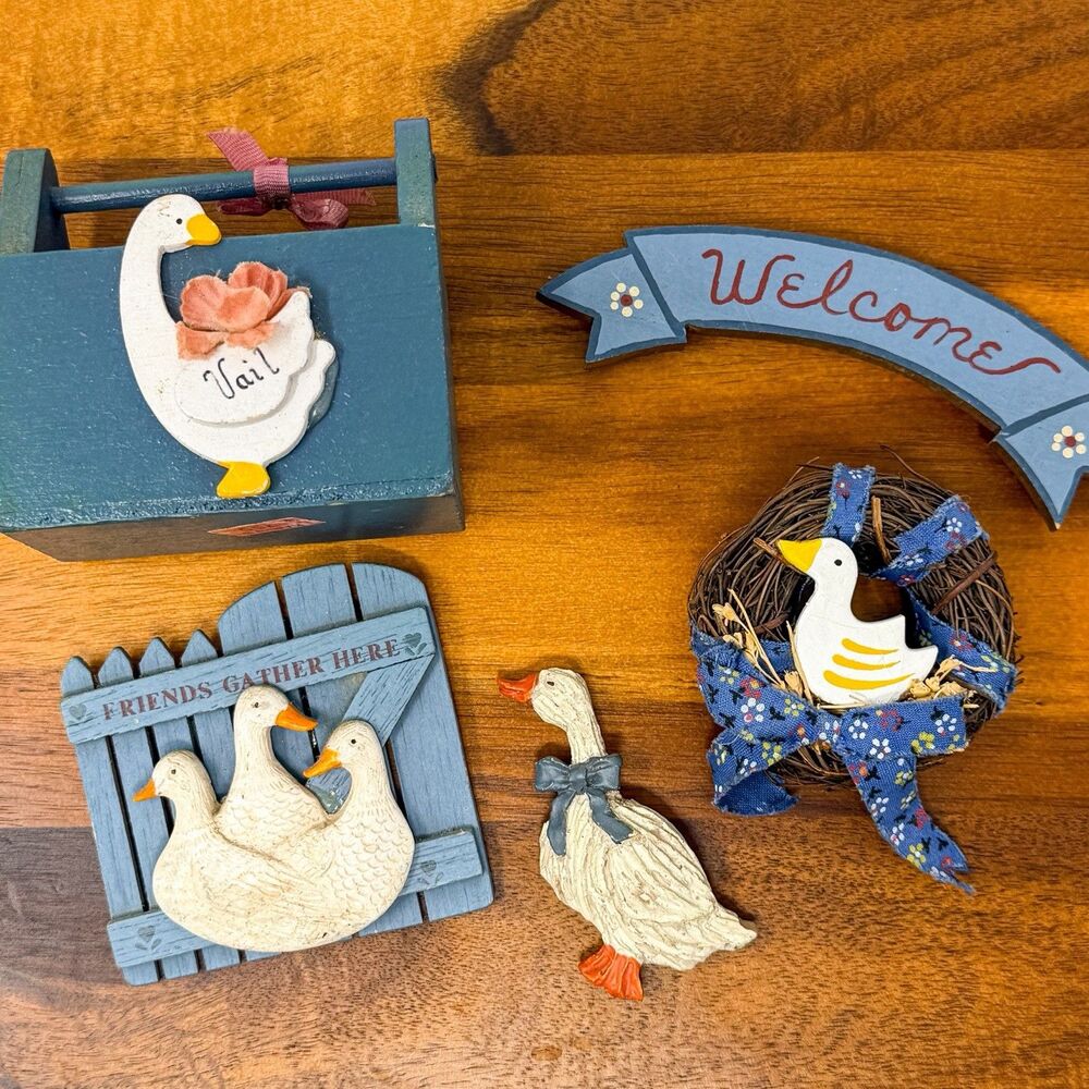 Vintage Blue Ribbon Goose Fridge Magnets Set 5 Country Cottage Kitchen Decor